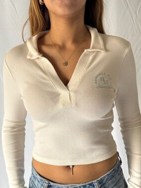 Cream Ribbed Long-Sleeve Polo Crop Top